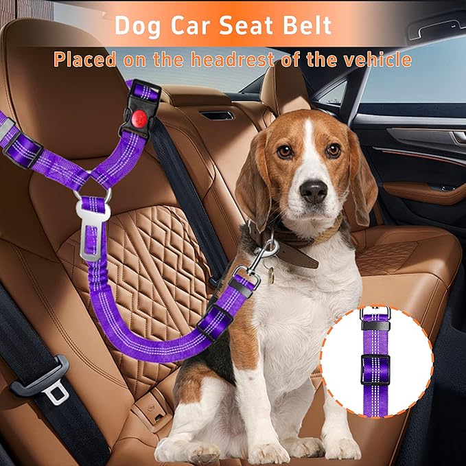 Seyezo 3-Piece Dog Car Harness Set - Retractable, Adjustable, Reflective Dog Seatbelt for Vehicle Headrests, Heavy Duty & High Elastic, Purple
