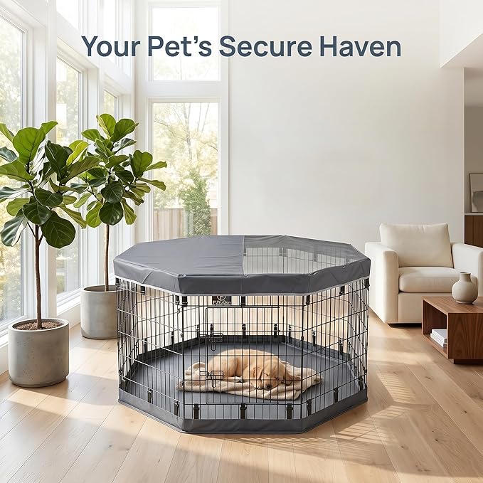 PJYuCien Octagonal Dog Playpen with Top Cover and Bottom Pad - Metal Foldable Exercise Pen, 8 Panels 36" H x 24" W Indoor Outdoor Pet Fence Puppy Crate Kennel, Gray