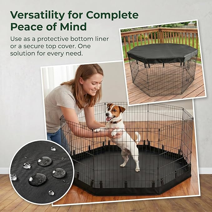 PJYuCien 2-in-1 Octagonal Dog Playpen Pad, 24" Side Waterproof Bottom Liner Escape-Proof Top Cover, 600D Oxford with Snap Hooks for Puppy Small Animals, Black
