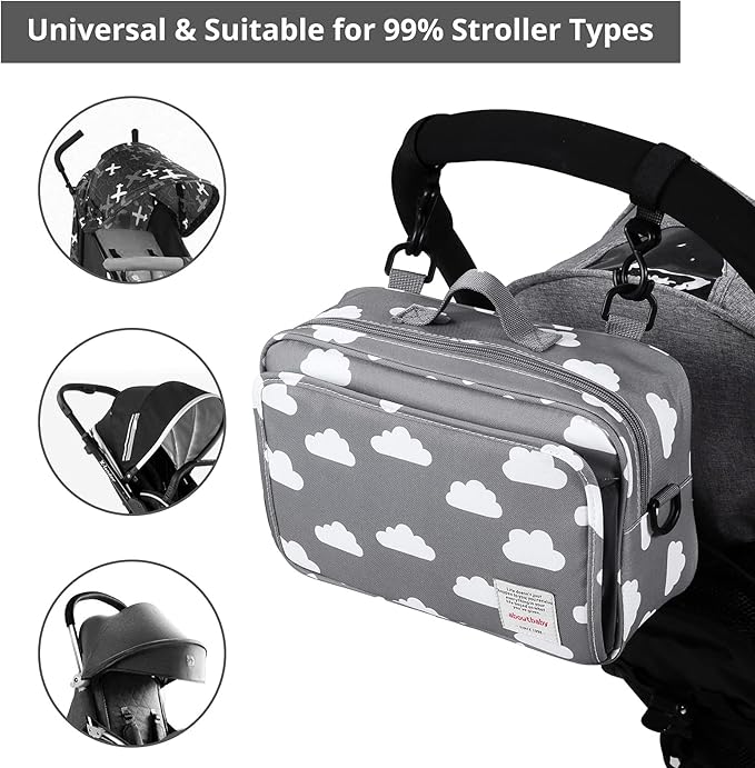 GOGOSO Small Diaper Bag, Stroller Organizer Bags for Baby with Insulated Pocket, Stroller Hooks and Adjustable Strap,Universal Mini Diaper Tote Bags Fit All Strollers, Gray