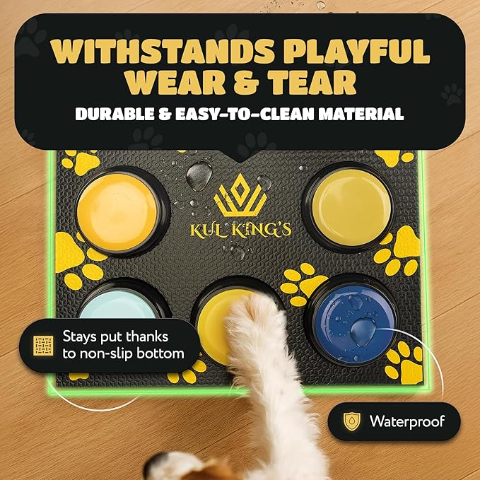KUL KING'S Waterproof & Non-Slip Dog Talking Buttons - 8 Recordable Buttons with Special Training Mat & Guide, Batteries, Stickers - Talking Dog Buttons for Communication