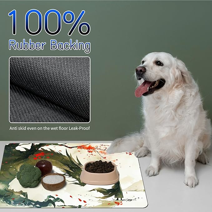 Dog Food Mat, 15.7" x 23.6" Absorbent Pet Feeding Mat for Food and Water, Waterproof Diatom Mud Pet Placemat with Non-Slip Rubber Backing, Easy Clean Cat Bowl Mat for Floors - Maple Dragon Man
