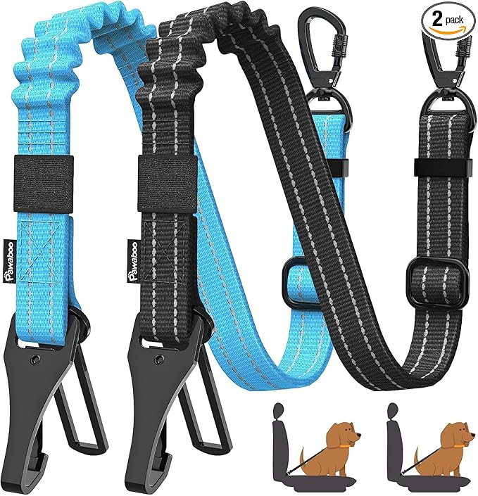 Pawaboo 2Pack 3-in-1 Dog Seatbelt for Car, Shockproof Bungee Dog Tether with 360° Lockable Buckle & Hook Latch, Adjustable Reflective Pet Safety Harness Leash for Vehicle, Black+Blue
