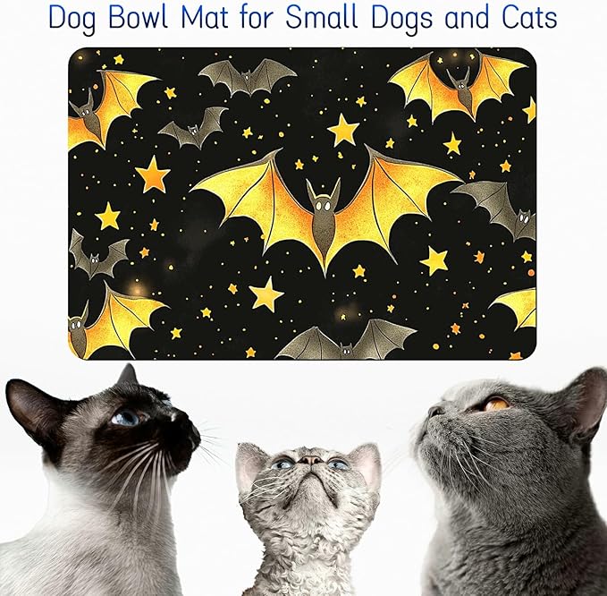 Dog Food Mat, 19.6" x 23.6" Absorbent Pet Feeding Mat for Food and Water, Waterproof Diatom Mud Pet Placemat with Non-Slip Rubber Backing, Easy Clean Cat Bowl Mat for Floors - Yellow Bat