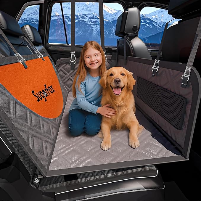 SugarFox Dog Car Seat Cover for Back Seat - Upgraded PU Leather Dog Hammock, 400lbs Hard Bottom Backseat Pet Cover, Waterproof Anti-Scratch + Pet Safety Belt (GRAY-60“x20”)