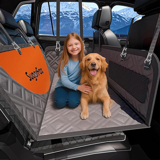 SugarFox Dog Car Seat Cover for Back Seat - Upgraded PU Leather Dog Hammock, 400lbs Hard Bottom Backseat Pet Cover, Waterproof Anti-Scratch + Pet Safety Belt (GRAY-60“x20”)