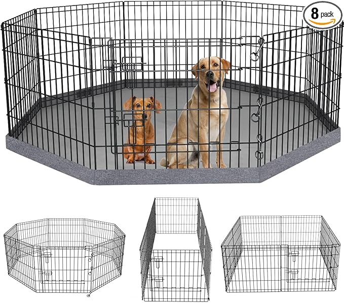 PETIME Foldable Metal Dog Exercise Pen/Pet Puppy Playpen Kennels Yard Fence Indoor/Outdoor 8 Panel 24" W x 30" H with Bottom Pad (with Bottom pad, 8 Panels 30" H)