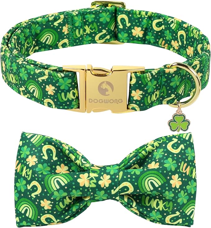 DOGWONG St. Patrick's Day Dog Collar with Bow Tie- Lucky Shamrock Bowtie Collar for Girl Boy Dog, Trefoil Dogs Collars Durable Adjustable, L