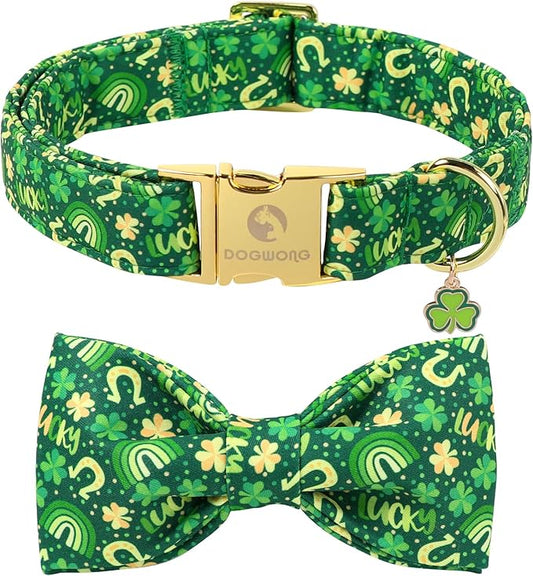 DOGWONG St. Patrick's Day Dog Collar with Bow Tie- Lucky Shamrock Bowtie Collar for Girl Boy Dog, Trefoil Dogs Collars Durable Adjustable, L