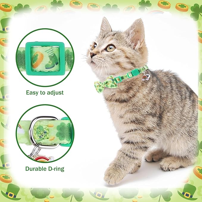PUPTECK Cat Collar Breakaway with Bells, Kitten Collar Outfit Adjustable for Girl Boy Small Pet Puppy Bunny, Cute Costume Accessory with Safety Release Buckle (Bowtie-St. Patrick Day)