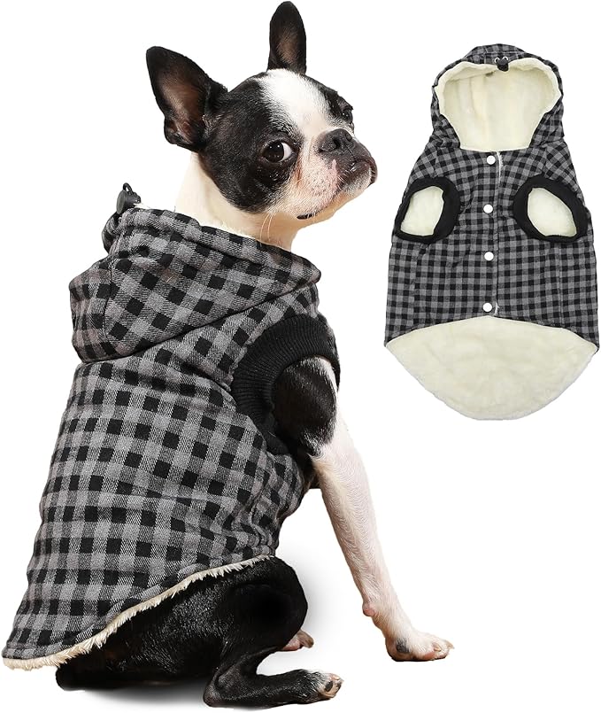 Vecomfy Fleece Lining Dog Hoodie for Small Dogs Extra Warm Plaid Sweater with Drawstring Hooded Coats in Winter Puppy Jacket,Black S