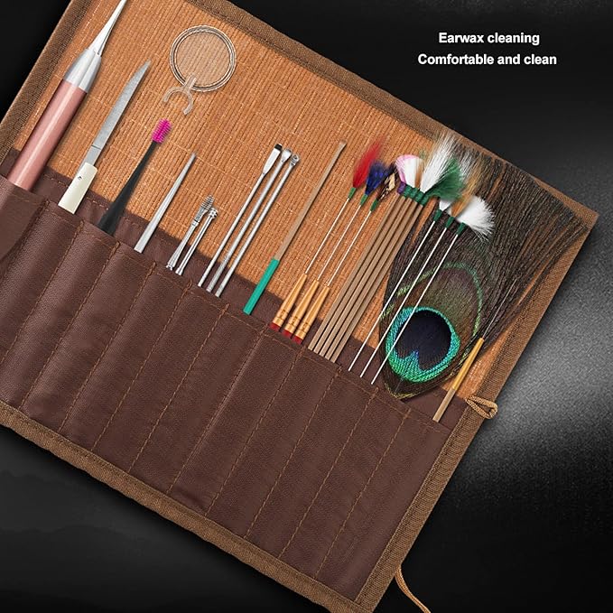 Ear Scratcher Feathers Kit, Ear Scoop, 7PCS Cleaner with Bamboo Mat, Ear Pick Cleaning, Ear Tool Massage Relaxing Wax Removal Feathers