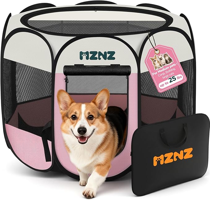 Dog Playpen, Portable Puppy Pet Crate Indoors for Small/Medium Dogs Cats Rabbits, Foldable Dog Cage Enclosure for Outdoor, Pop Up Dogs Tent Kennel with Carrying Case, Pink