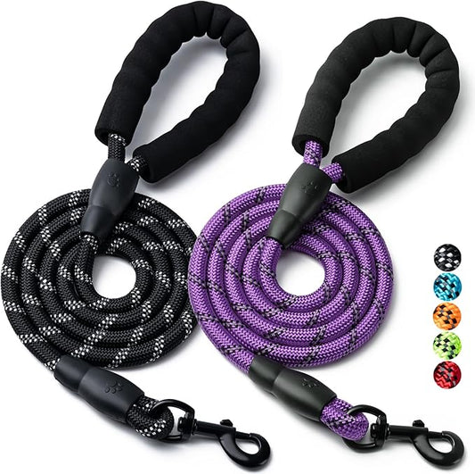 2 Pack Dog Leash, 4/5//6 FT Heavy Duty Nylon Rope Pet Leashes with Comfortable Padded Handle, Reflective Dog Leashes for Small Medium and Large Dogs (4FT-3/8,Black/Purple)