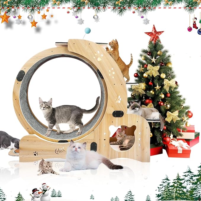Upgraded Cat Exercise Wheel, Large Cat Treadmill with House, Wet Dry Bowl, Pedal Shelf, Hairball Toy, Cats Running Wheels for Indoor Cats (Wood)