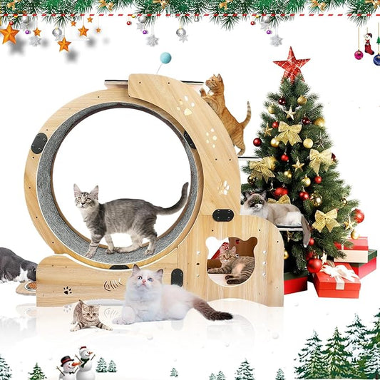 Upgraded Cat Exercise Wheel, Large Cat Treadmill with House, Wet Dry Bowl, Pedal Shelf, Hairball Toy, Cats Running Wheels for Indoor Cats (Wood)