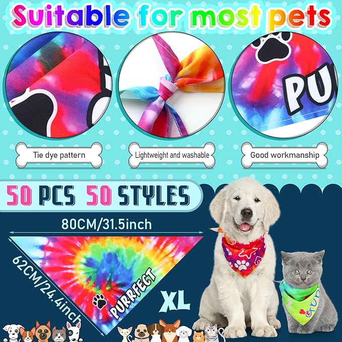 Huhumy 50 Pcs Tie Dye Dog Bandanas Bulk Tie Dye XL Pet Bibs Colorful Triangle Scarf Pet Bandanas for Medium Large Dogs Holiday Summer Hawaiian Birthday Costume Decor
