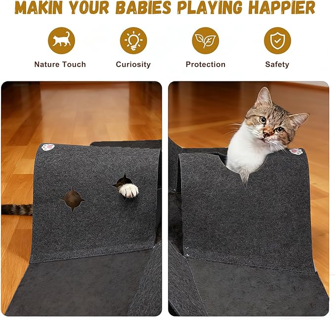Cat Tunnel Play Mat for Indoor Cats, Felt Interactive Pet Toy with Hidden Ball, Enrichment Activity Rug, Collapsible Cave for Kittens & Small Pets (Dark Gray)