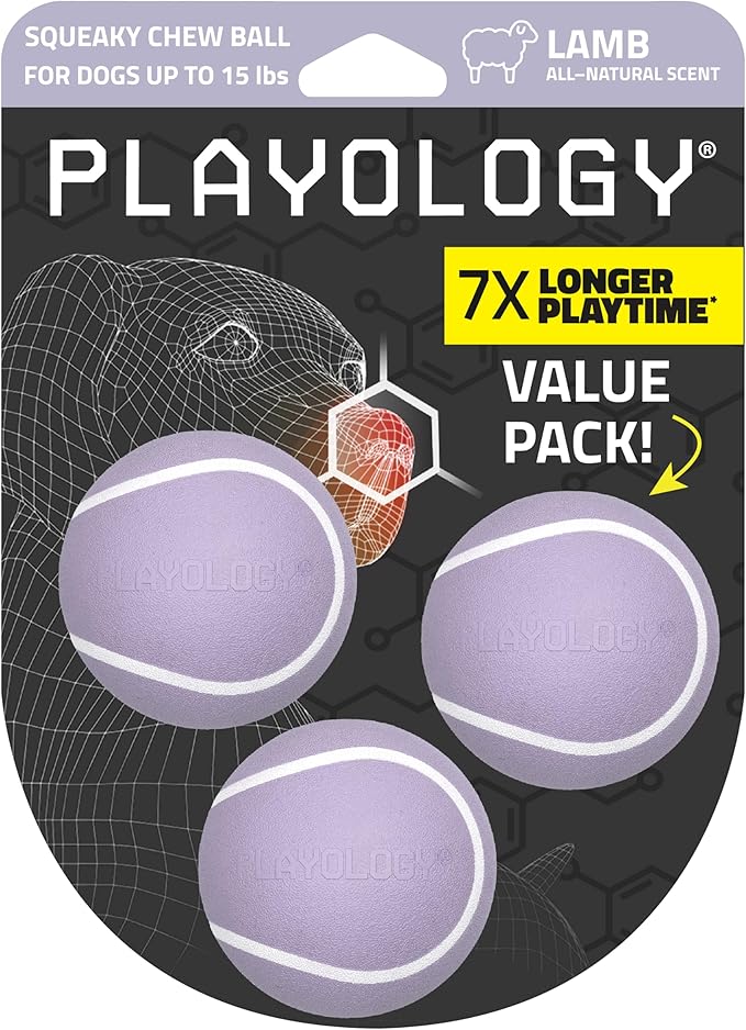 Playology Dog Toys | Squeaky Chew Ball for Dogs, Value 3-Pack | Lamb Scented Small Dog Balls | Bouncy Floating Chew Toys for Fetch