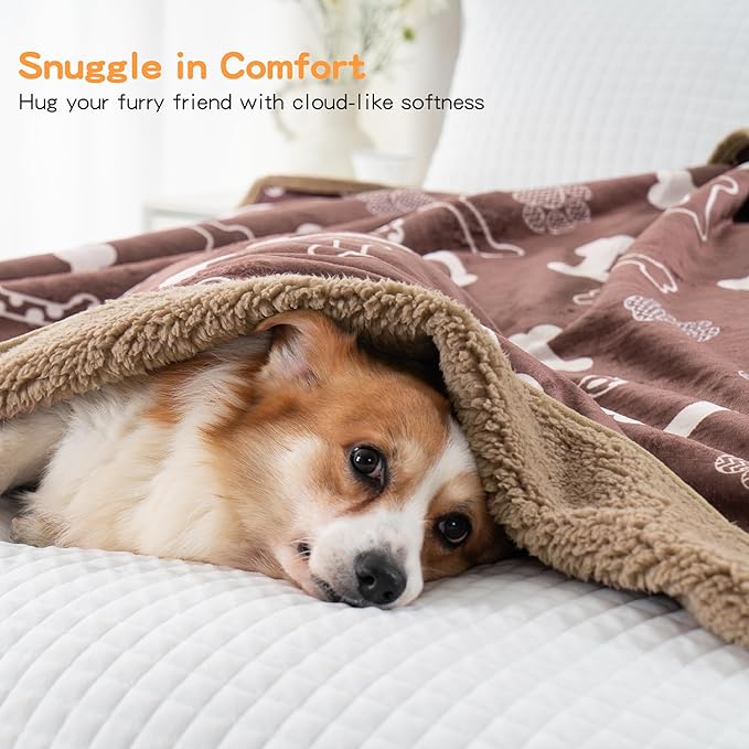 Waterproof Dog Blankets Pet Blanket 60"x80", Soft Fluffy Sofa Car Bed Protector, Reversible Sherpa Fleece Dog Blanket for Large Dogs(Chocolate Brown-Bones)