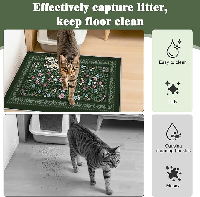 Bienbee Cat Litter Mat, 2PCS 28"x20" Machine Washable Litters Box Mats Non-Slip &Waterproof Cat Litters Trapping Mats Easy to Clean Mat for Litter Box Less Waste Protects Floors Dark Green M