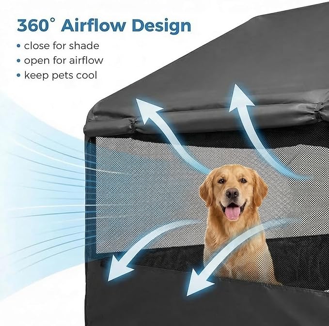 Dog Tent House Outdoor Shade 4'x4'x3' Shelter for Large Medium Pets,Outside Sun Rain Waterproof Canopy with Three-Sided Breathable Mesh Windows,Livestock House with Ground Nails,Dark Gray