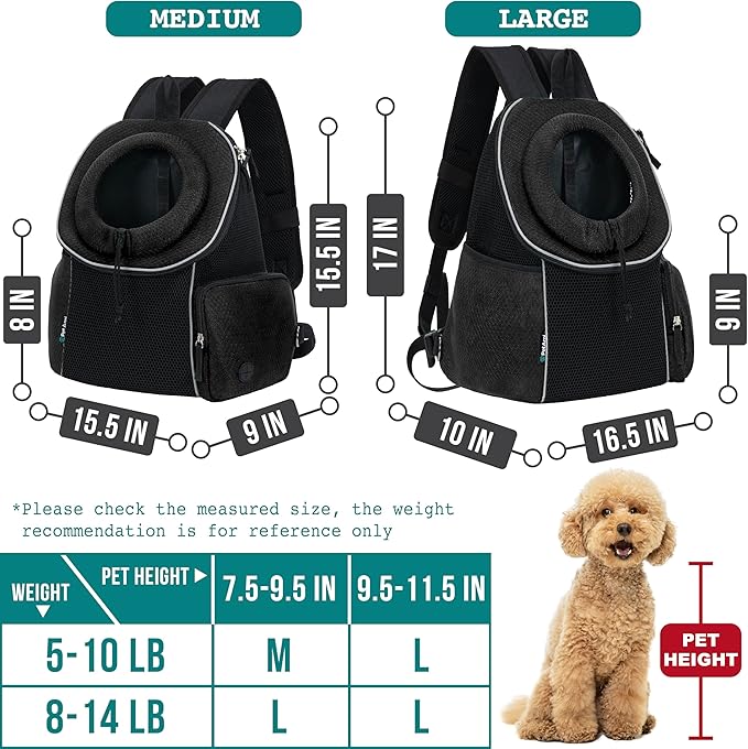 PetAmi Dog Carrier Backpack, Hands Free Front Pet Carrier for Small Medium Cats Puppies, Adjustable Ventilated Reflective Pet Travel Bag for Hiking Camping Biking Walking, Up to 14 lbs, Black