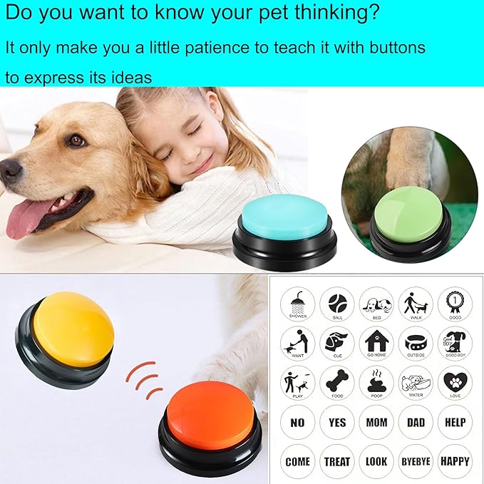 Dog Buttons for Communication, 4 Color Voice Recording Buttons, Dog Communication Buttons Training Talking Buttons for Pets, 30 Second Record & Playback, Funny Gift for Study Office Home (4 Pack)