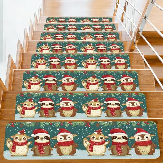 Animal Cute Sloth Christmas Stair Treads for Wooden Steps Indoor Washable Staircase Carpet 10PCS 30"x7.8" Stair Step Treads Non-Slip Staircase Covers Peel and Stick Safety Mat for Kids Elders Pets