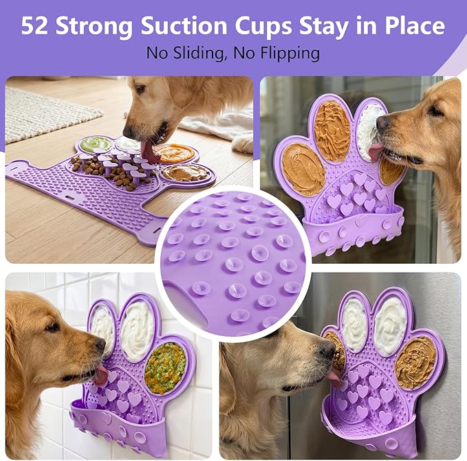 Dog Lick Mat with Suction Cups, Slow Feeder & Enrichment Mat for Dogs & Cats, Silicone Feeding Mat for Wet & Dry Food, Anxiety Relief, Mess-Free Foldable Pocket Design, Purple