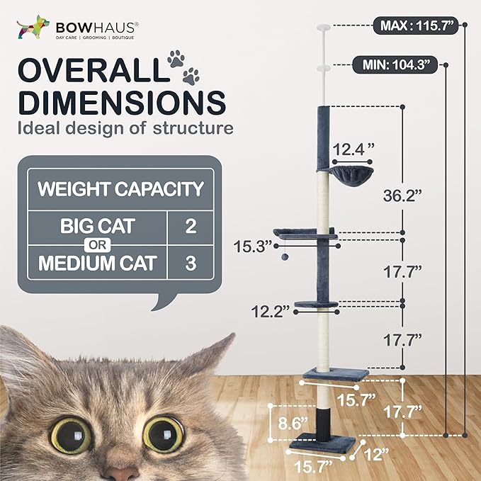 BOWHAUS Floor to Ceiling Cat Tree, Adjustable Height 104”-115” Multi-Tier Cat Climbing Tower w/Itching Scratcher, Cozy Hammock, Interactive Playball, Platforms for Indoor Cats, Dark Grey
