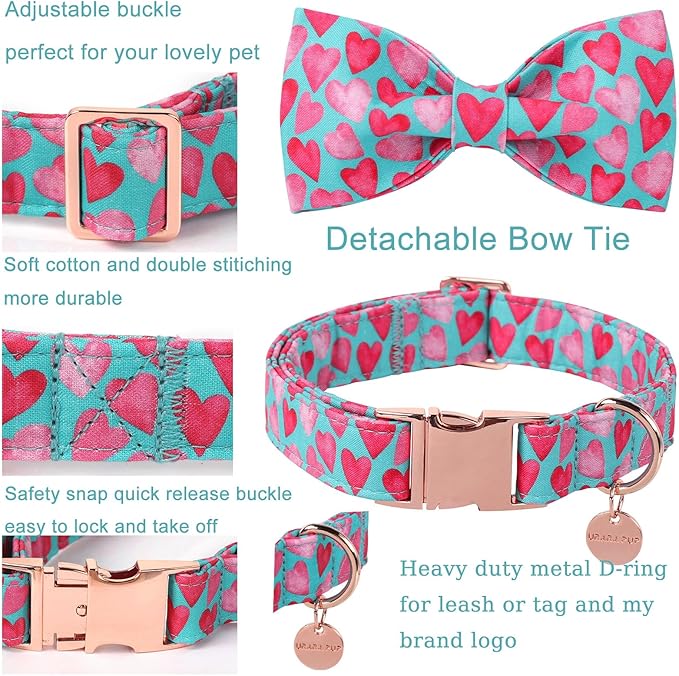 Valentine’s Day Dog Collar with Bow Tie, Pink Heart Bowtie Collar with Metal Buckle, Valentine’s Day Gift Pet Collar for Puppy Girl Boy Dog or Cat, Wedding Dog Collar,XL, Neck 16-26in