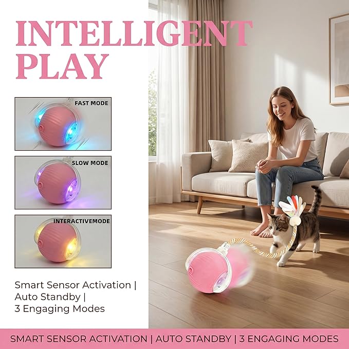 Rechargeable Smart Rolling Cat Ball, Automatic Interactive Cat Toy with 3 Modes, LED Light & 3 Replaceable Accessories, Indoor Cat Exercise Toy for Kittens & Adult Cats, for Boredom Relief pink+pink