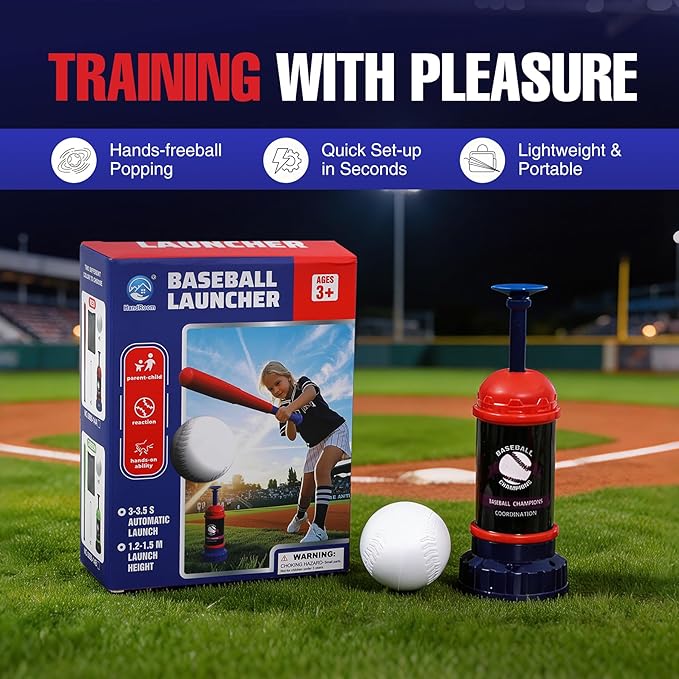RedSwing Baseball Tee Popper – Pop-Up Baseball Trainer for Beginners, Self-Pitching Hitting Tee with Bat & 3 Balls, Portable Automatic Ball Launcher for Backyard Batting Practice