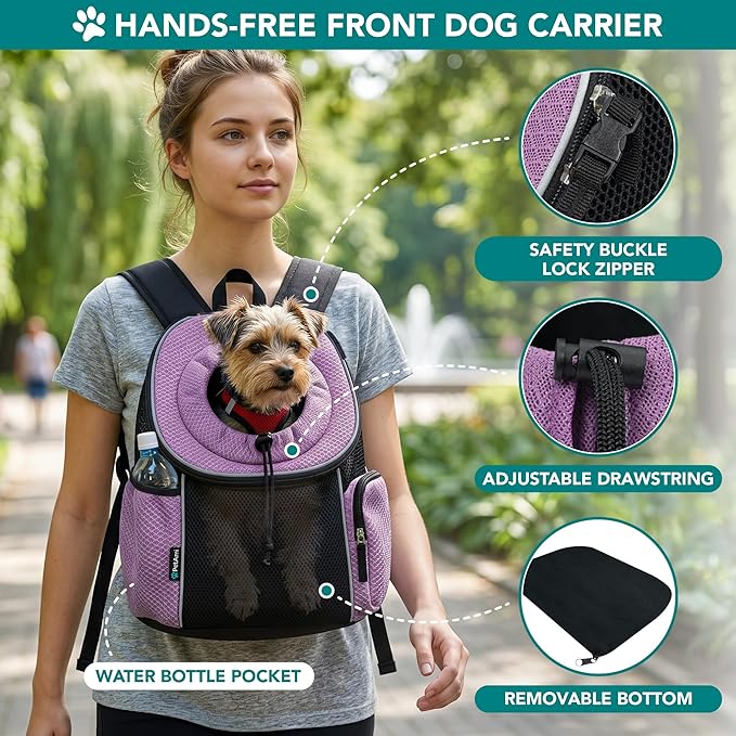 PetAmi Dog Carrier Backpack, Hands Free Front Pet Carrier for Small Cats Puppies, Adjustable Ventilated Reflective Pet Travel Bag for Hiking Camping Biking Walking, Up to 10 lbs, Purple