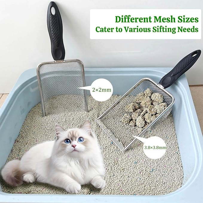 2Pcs Metal Litter Scooper Stainless Steel Metal Cat Litter Poop Scoop with 2.0mm & 3.8mm Mesh,Litter Cleaner Sifter for Cat,Dog,Kitty,Rabbit,Hamster, Reptile