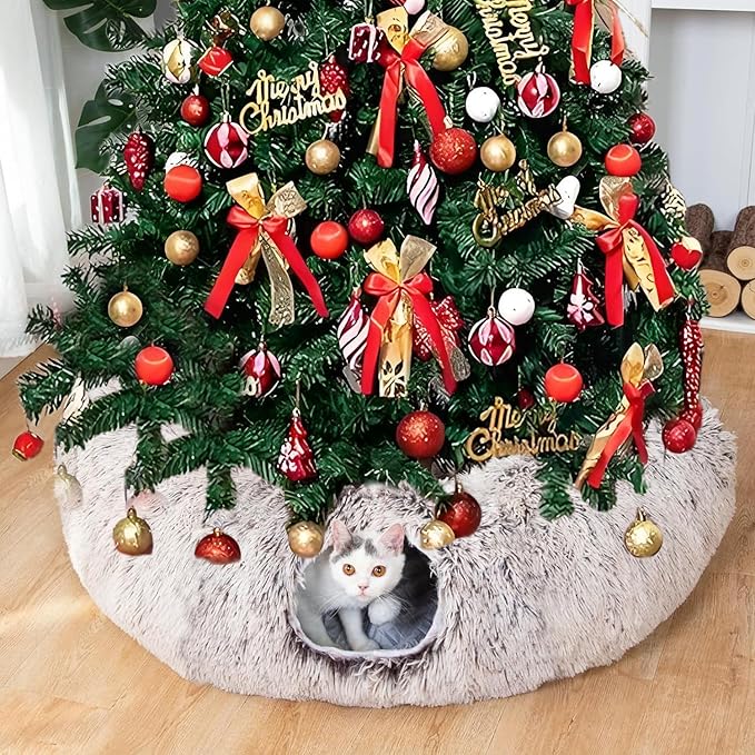 Warm Fluffy Plush Cat Tunnel Bed Under Christmas Tree Big Tube Playground Toys 3 FT Diameter Longer Crinkle Collapsible 3 Way, for Indoor Cat Kitty Kitten Puppy Rabbit Ferret Brown