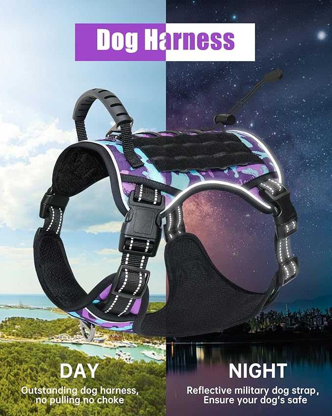 Hotsky Tactical Dog Harness No Pull，Adjustable Service Dog Vest Reflective Military Pet Harness with Control Handle Molle Loop Panels for Training Walking Running(Purple Camo, M)