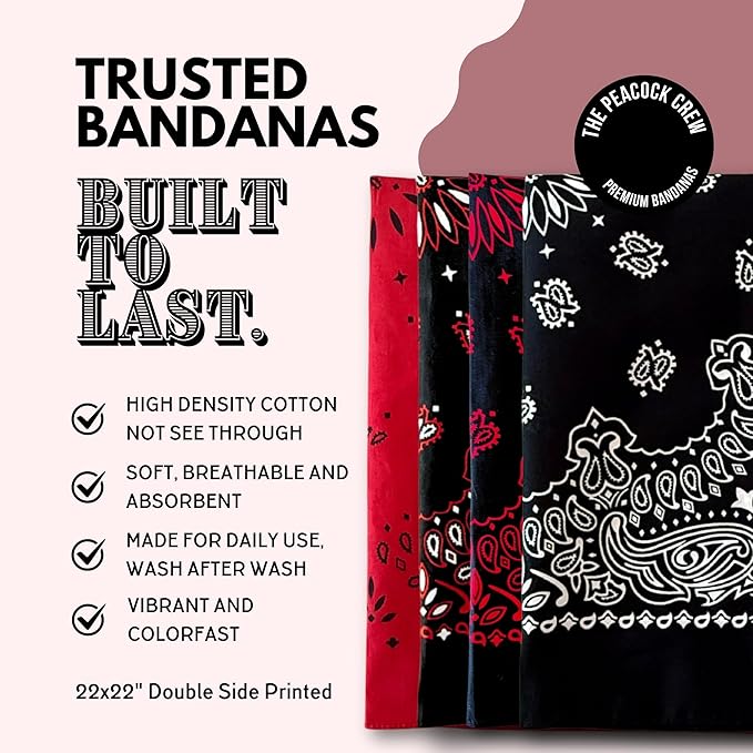 The Peacock Crew Premium Soft Cotton Bandanas Pack for Men and Women Paisley 22 x 22 inches
