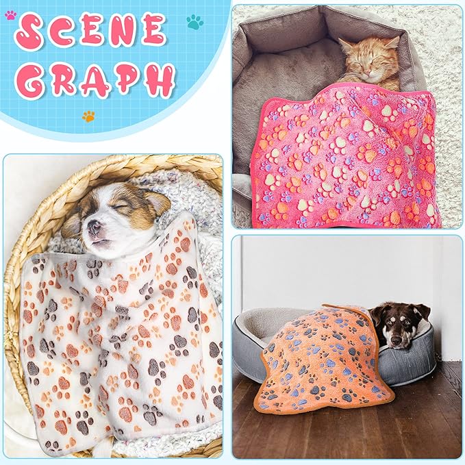 Tatuo 4 Pack Fleece Dog Blankets for Puppy Cats Multi-Size Sleep Mat for Pet Guinea Pig Soft Washable Warm Crate Bed Puppy Teething Toys Print Pattern Blanket Indoor(White,41 x 30 Inch,Paw)