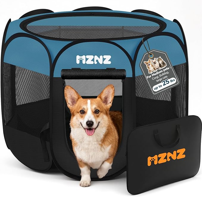 Dog Cat Playpen, Portable Puppy Pet Crate Indoors for Small/Medium Dogs Cats Rabbits, Foldable Dog Cage Enclosure for Outdoor, Pop Up Dogs Tent Kennel with Carrying Case, Blue Black