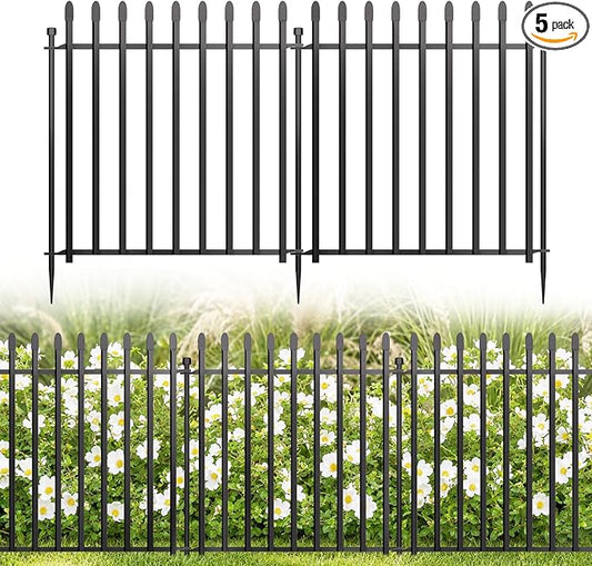 5 Panels No Dig Decorative Garden Fence, 24in(H)×11ft(L) Heavy-Duty Rustproof Metal Panels, Outdoor Dog Barrier for Yard & Patio, Landscape, Border| Portable Temporary Fencing