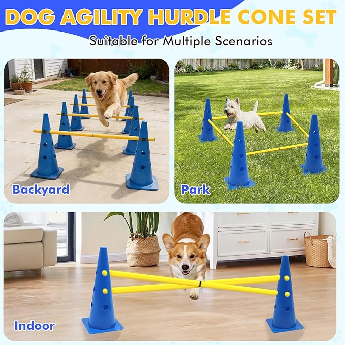 Wdmiya Dog Agility Course Backyard Set with Height Adjustable Crossbar, Dog Agility Training Hurdle Cone Set, 18.9" Dog Agility Equipment for Rehabilitation, Obedience, Starter - 6 Poles & 12 Cones