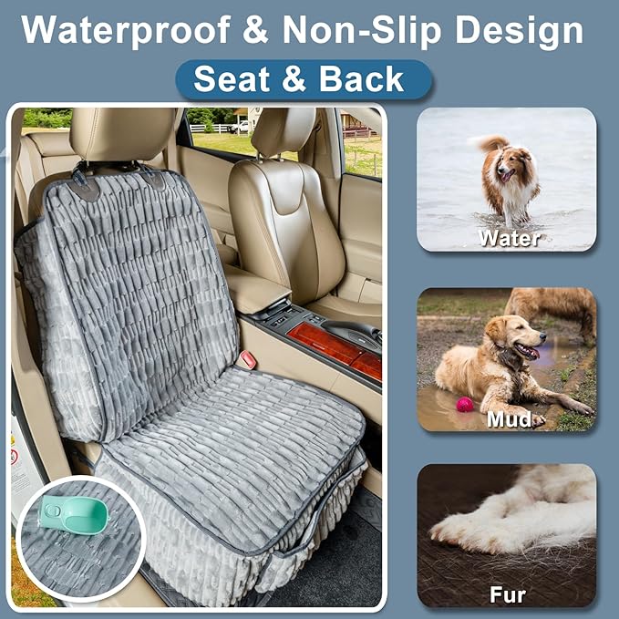 Soft Front Seat Dog Cover, Waterproof Dog Car Seat Protector with Side Flaps, Non-Slip Fluffy Flannel with Full Protection for Pets on Captain Seat in Cars SUVs Trucks (Grey, Standard Front)
