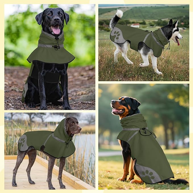 Dog Raincoat for Large Dogs, Adjustable Rain Jacket for Dogs, Waterproof Slicker Jacket for Adventures, Walking, Hunting（L,Dark Green）