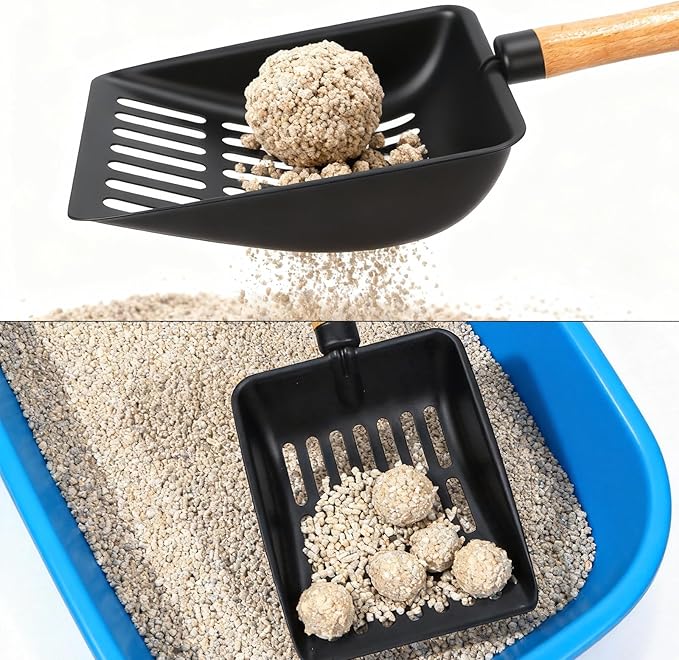 Cat Litter Scoop, Metal Litter Scoop, Heavy Duty Metal Cat Scooper for Litter Box, Black Sifter Scoop for Pellets, Wooden Handle Scoop with Hole, Kitty Necessity (Cat Litter Scoop Long with Holder)