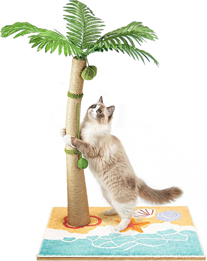 Tall Cat Scratching Post for Indoor Cats Adults, 33'' Large Cat Scratch Post with Perch, Cute Cat Scratching Post with Boho Carpet ＆ Dangling Ball Toys, White