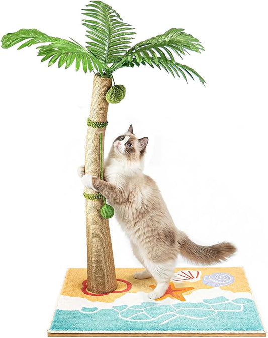 Tall Cat Scratching Post for Indoor Cats Adults, 33'' Large Cat Scratch Post with Perch, Cute Cat Scratching Post with Boho Carpet ＆ Dangling Ball Toys, White