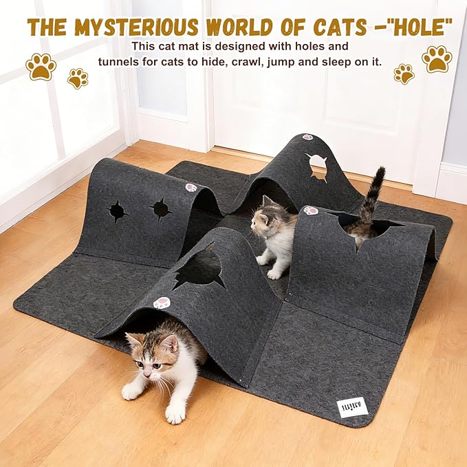 Cat Tunnel Play Mat for Indoor Cats, Felt Interactive Pet Toy with Hidden Ball, Enrichment Activity Rug, Collapsible Cave for Kittens & Small Pets (Dark Gray)