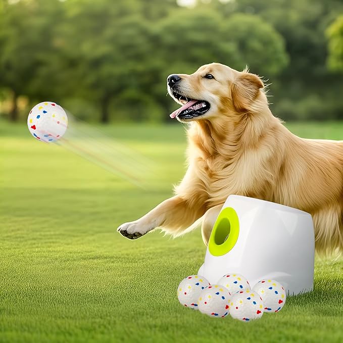ALL FOR PAWS Automatic Ball Launcher for Dogs, Interactive Puppy Pet Balls Outdoor Thrower for Medium to Large Dogs and six 2.5-inch Tennis Balls Bundle